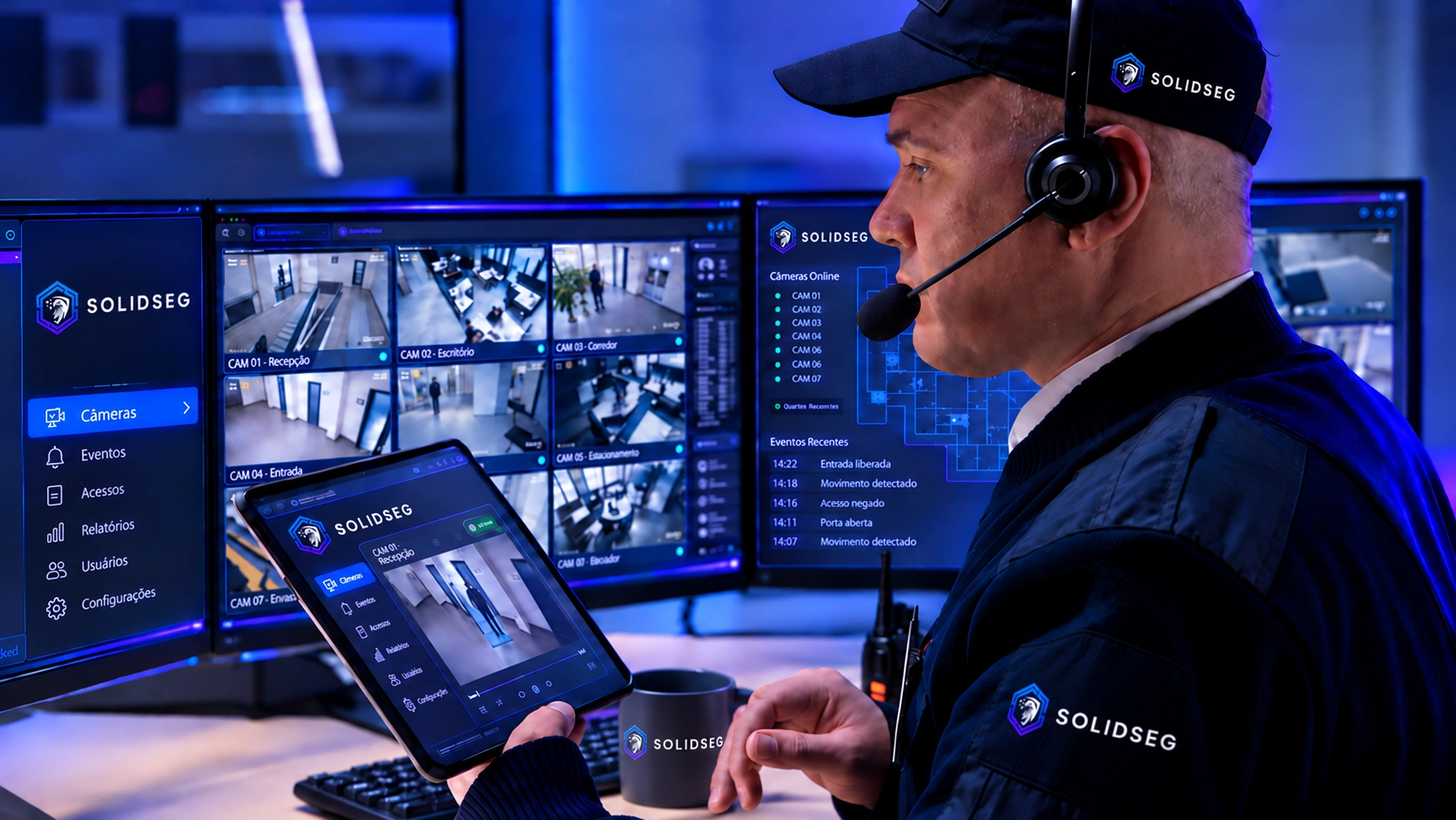 Ilustração de operador com headset na central de portaria remota SolidSeg